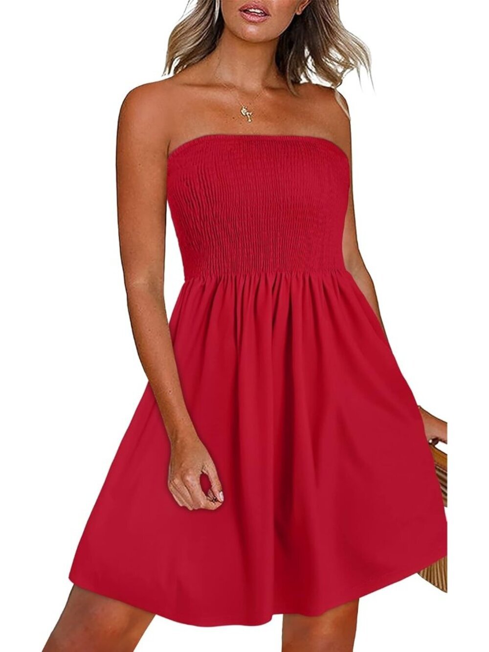 Women's Solid Red Beach Sundress Strapless Off Shoulder Cover Ups Mini Dress